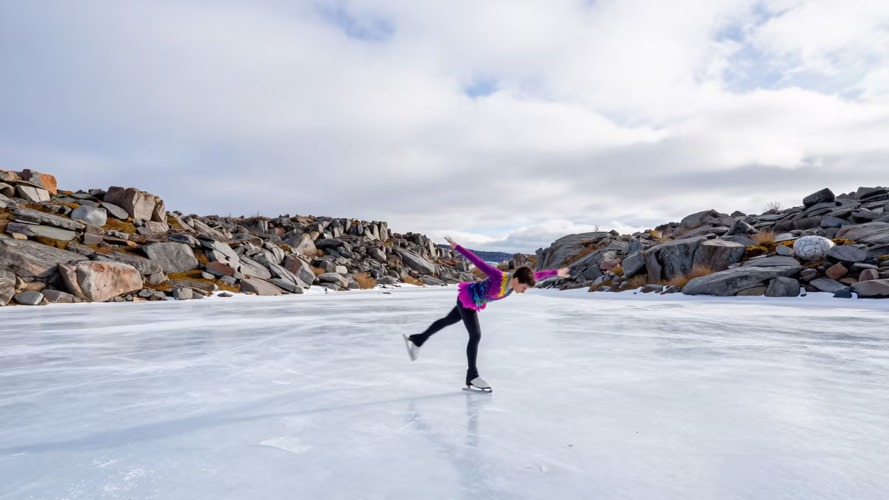 Figure Skater Spinning on Mountain Ice Path in on a mountain path near Kungsholmen, Stockholm