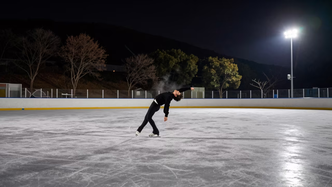 Figure Skater Spinning Under Night Arena Light in on a hillside near Suzhou