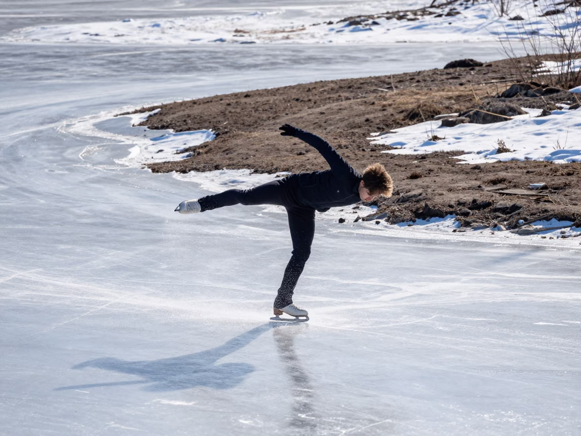Figure Skater Spinning on Riverbank Ice Murmansk in by a riverbank near Murmansk