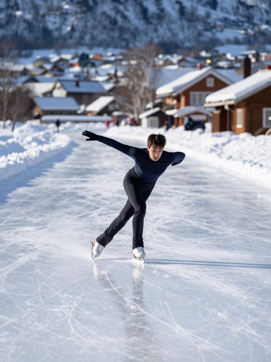 Figure Skater Spinning on Village Ice Lane in in a village lane near Oslo