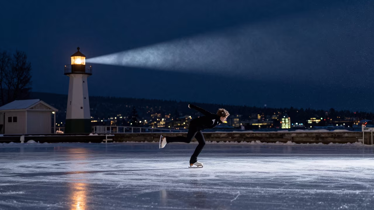 Figure Skater Spins Under Lighthouse Light in at a harbor quay near Vancouver