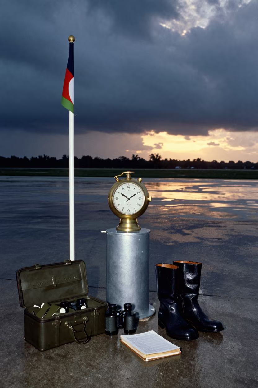 Fiji Airbase Deck Watch at Dusk with Flags in along an airbase flight line in Fiji