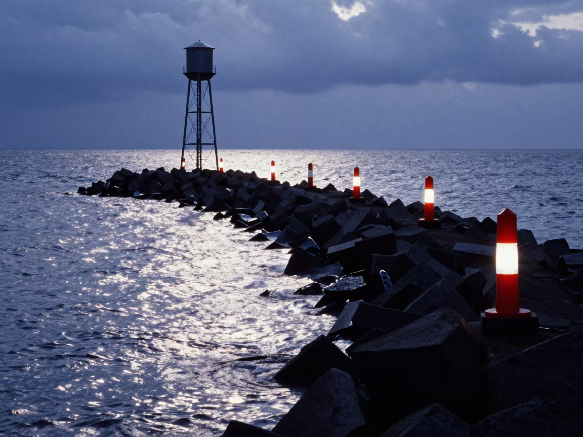 Fiji Breakwater Beacons Reflecting at Twilight in beside a water tower ladder in Fiji