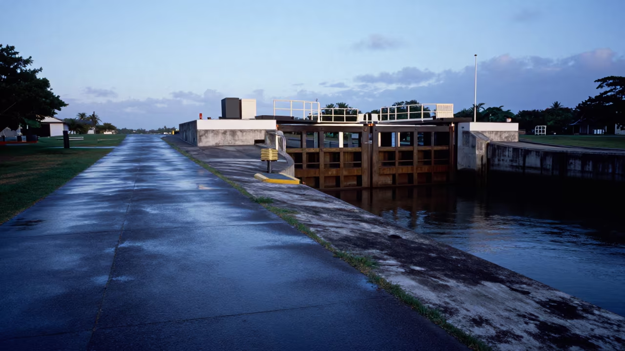 Fiji Canal Lock Road Blue Hour Storm in at a canal lock chamber in Fiji