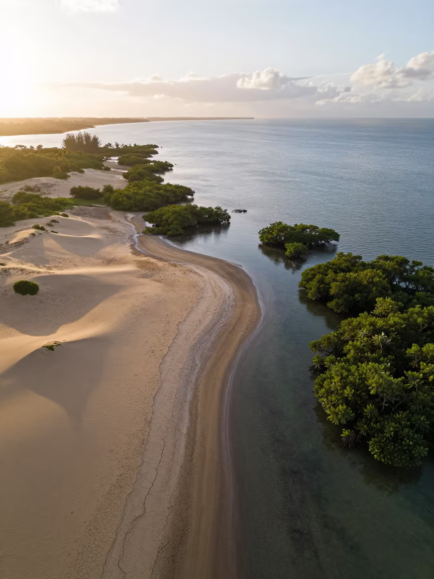 Fiji mangrove coastline aerial wet season sunset in above dune fields and dry wadis in Fiji