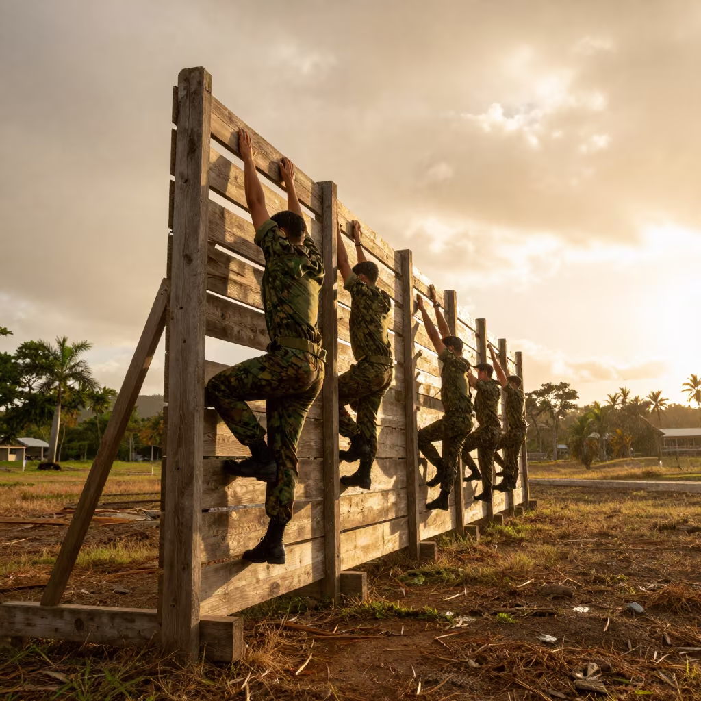 Fiji Military Obstacle Course Rain in beside a convoy halt on open ground in Fiji