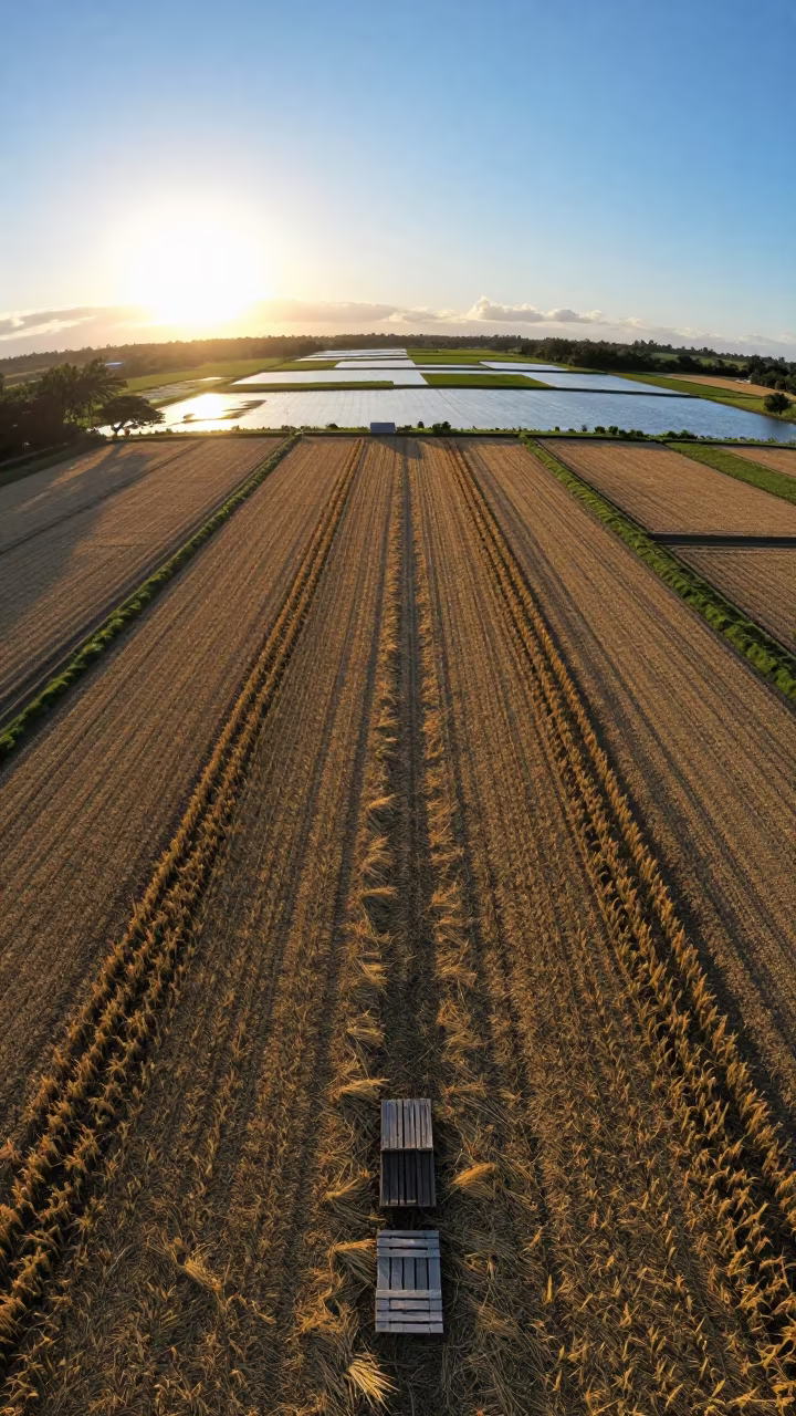 Fiji Rice Paddy Sunset Reflection Drone View in across a harvested grain field in Fiji