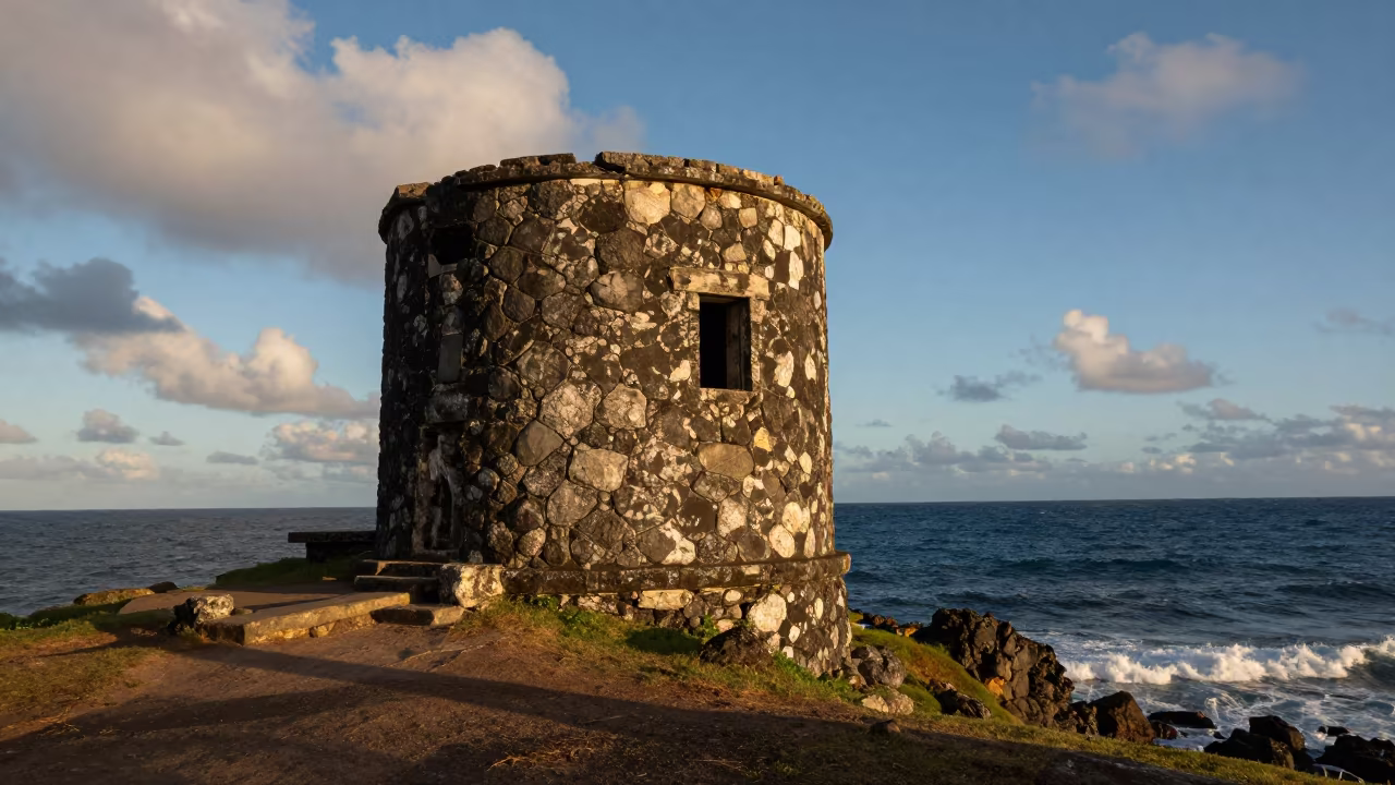 Fiji Sea Cliff Watchtower Ruin Golden Hour in in Fiji