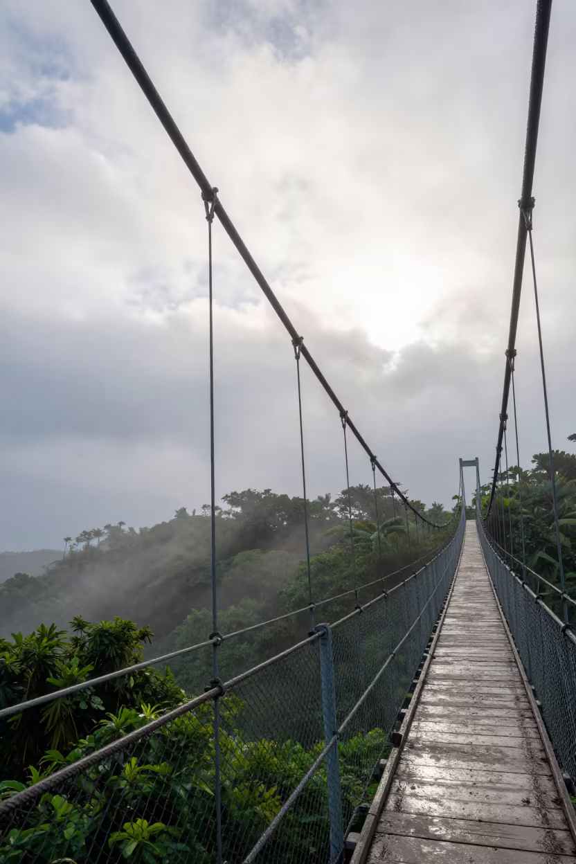 Fiji Suspension Bridge Morning Fog Sun Shower in beneath fast-moving cloud bands in Fiji