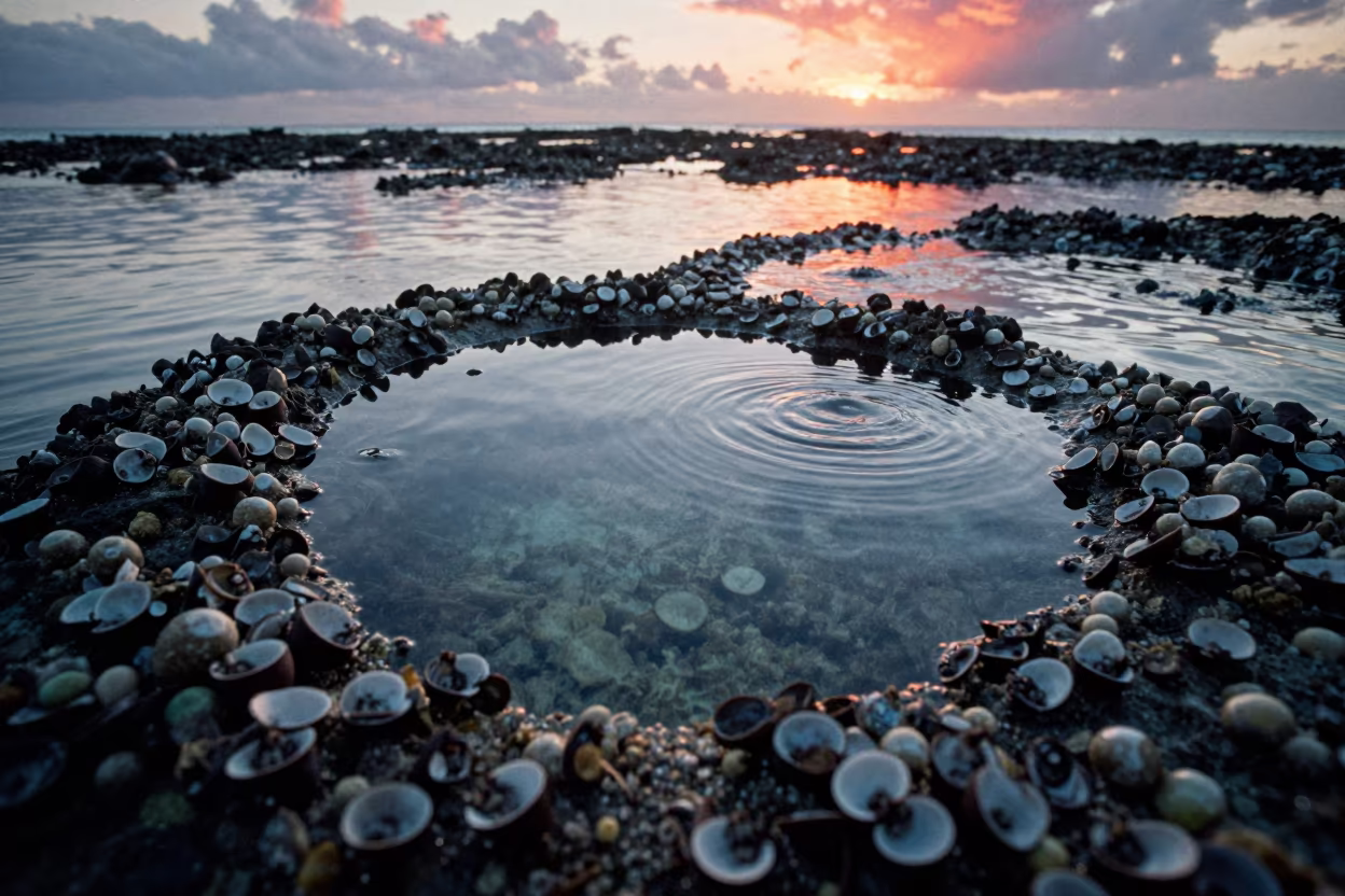 Fiji Tide Pool Sunset Reflection Barnacles in above a cold-water reef edge in Fiji
