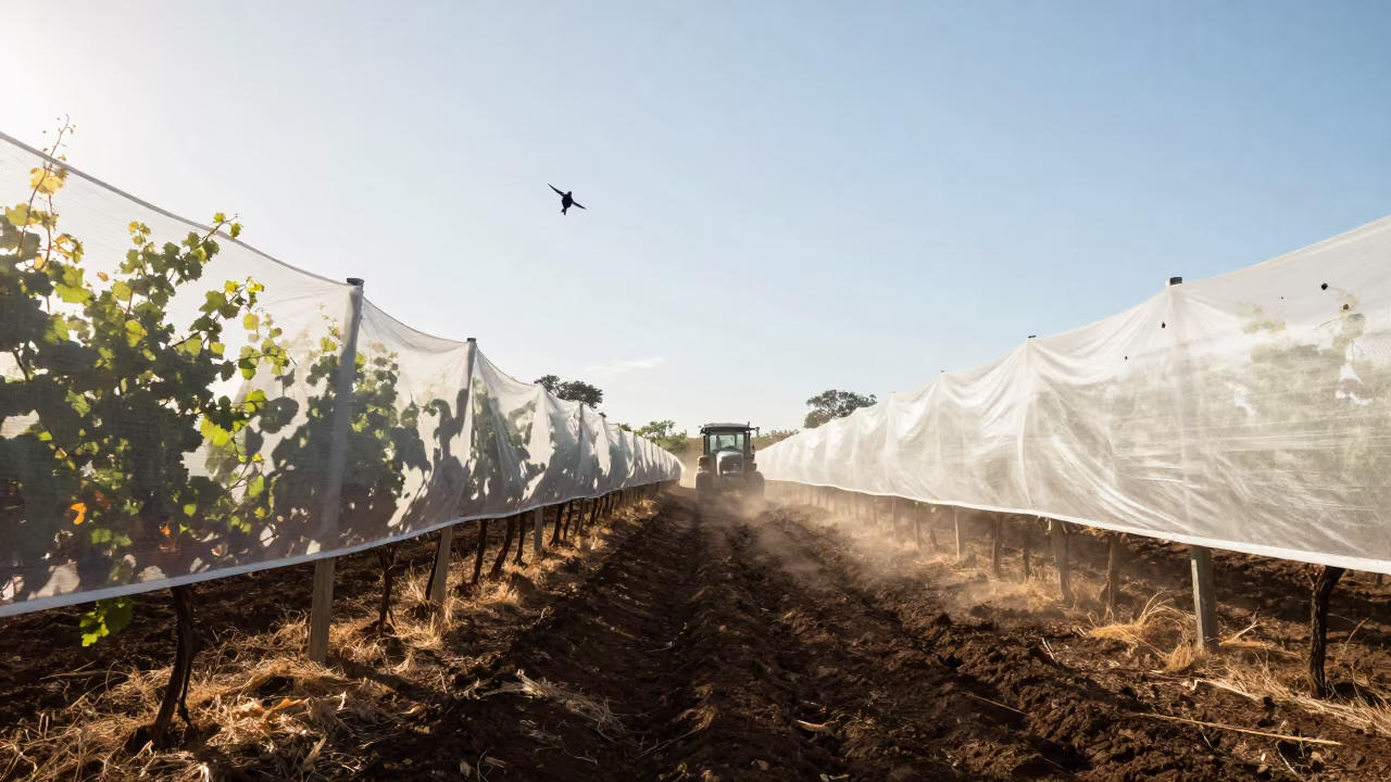 Fiji Vineyard Under Netting With Starlings in beside a tractor track through dark soil in Fiji