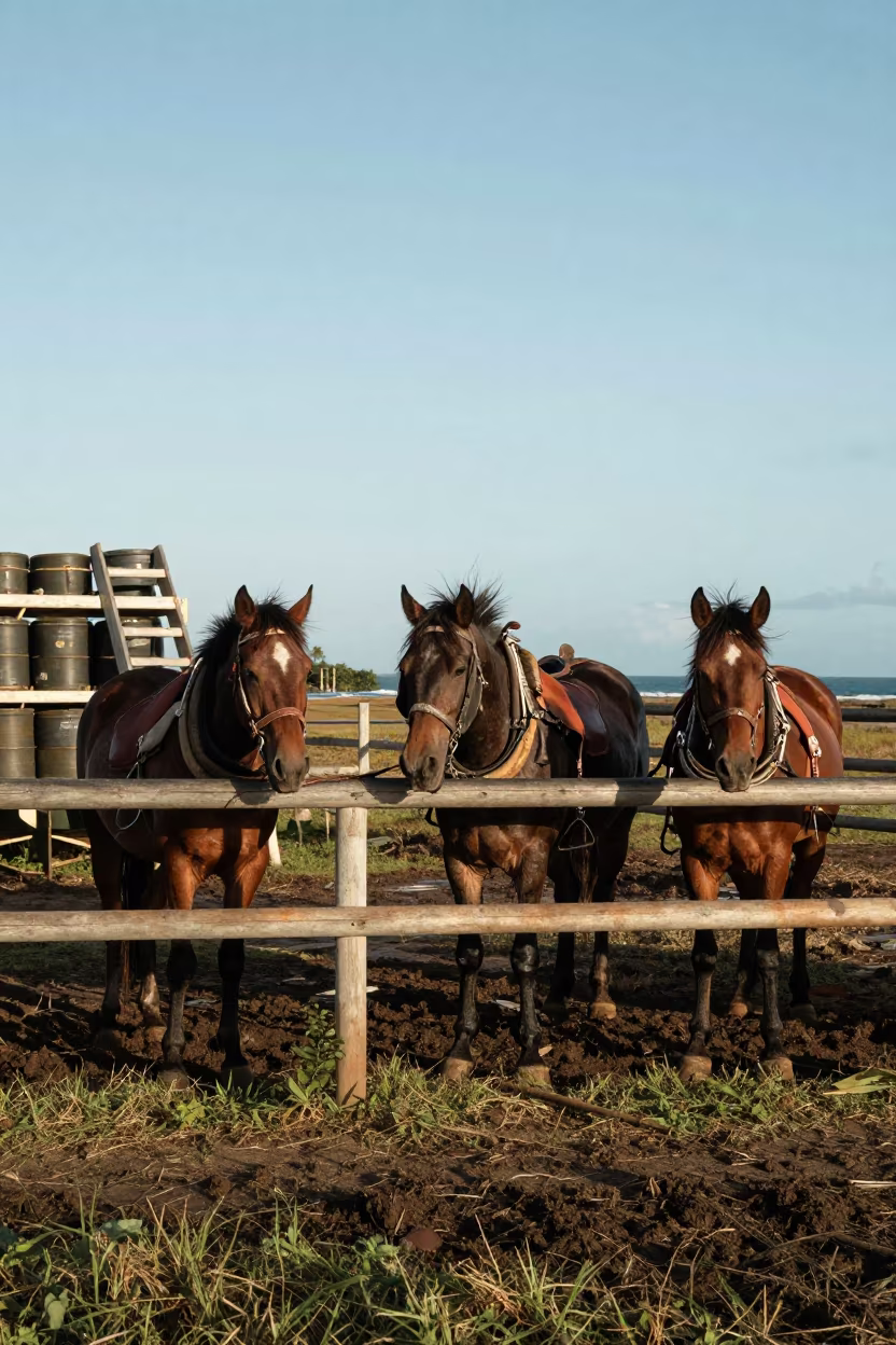 Fiji Work Horses Tethered After Storm in along a muddy paddock fence in Fiji