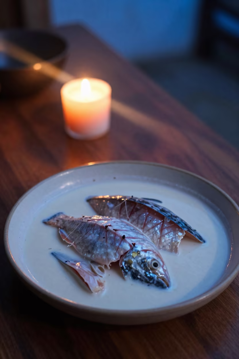 Fijian Kokoda Fish Coconut Cream Candlelight in on a kitchen worktop in Satkhira