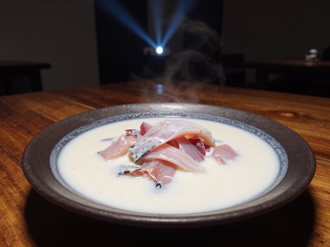 Fijian Kokoda Raw Fish in Coconut Cream in on a rustic wooden table in Riobamba