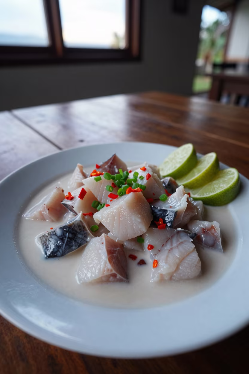 Fijian Kokoda Raw Fish in Coconut Cream in on a rustic wooden table in Astoria, New York