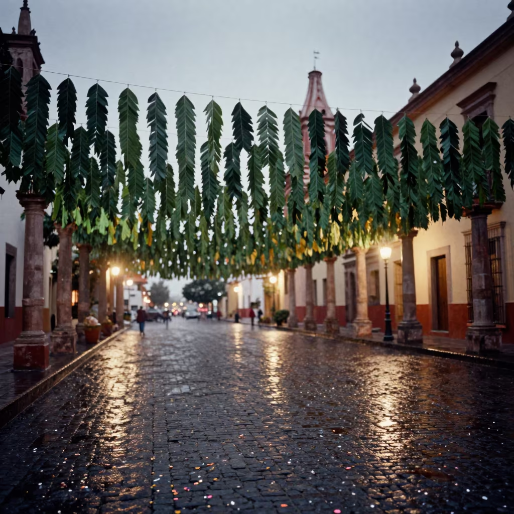 Filipino Kiping Decorations in San Miguel Predawn Rain in at a public square during a festival in San Miguel de Allende