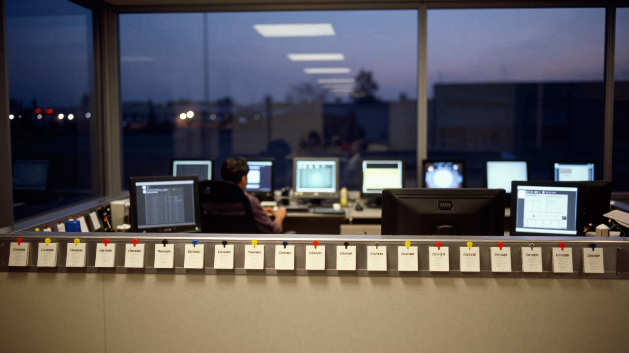Filter Tag Rail in Chaman Office at Dusk in in an operations center under monitor glow in Chaman