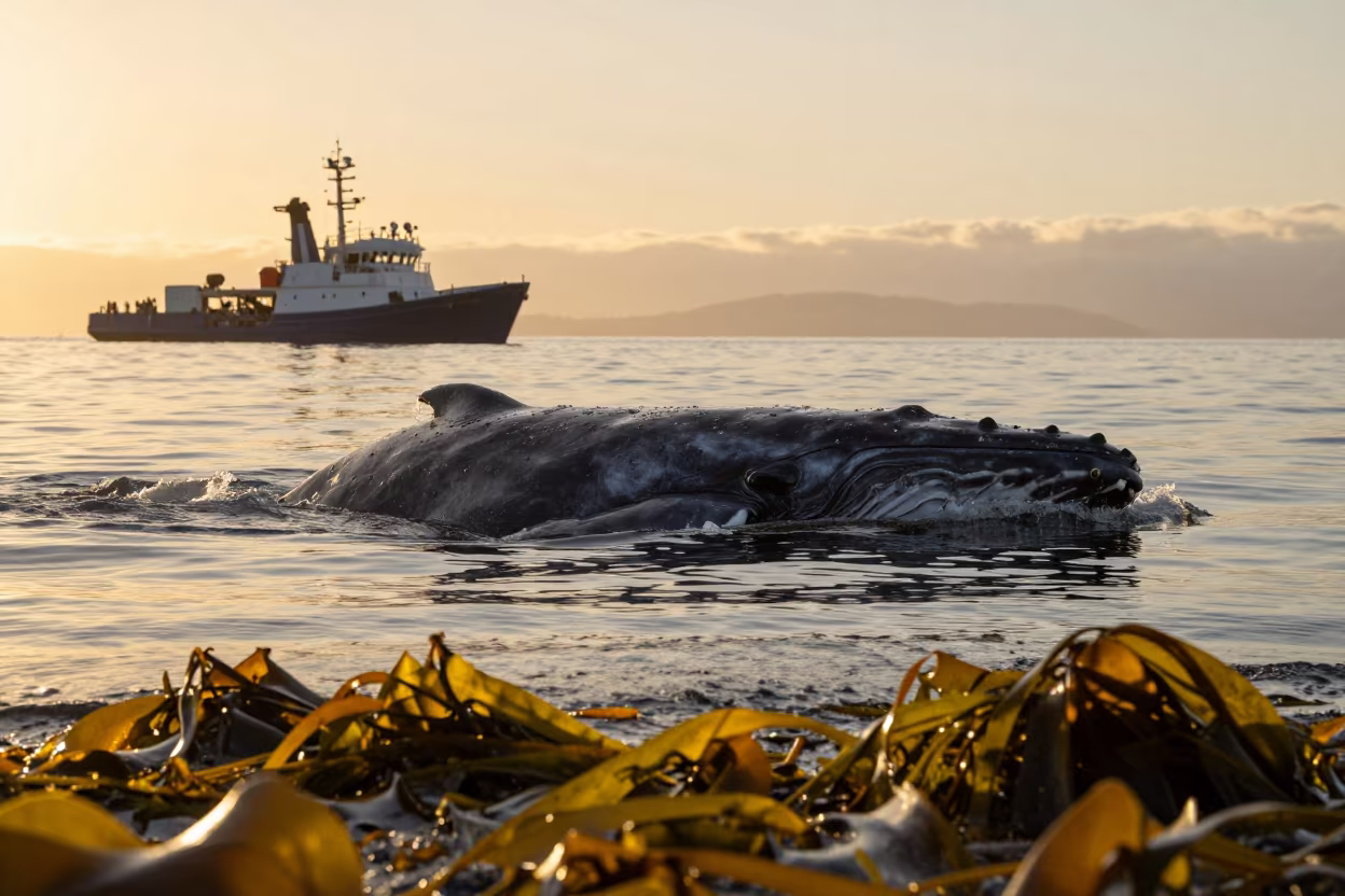 Fin Whale Surfaces Near Kelp Shelf at Golden Hour in along a kelp-fringed shelf near Salvador