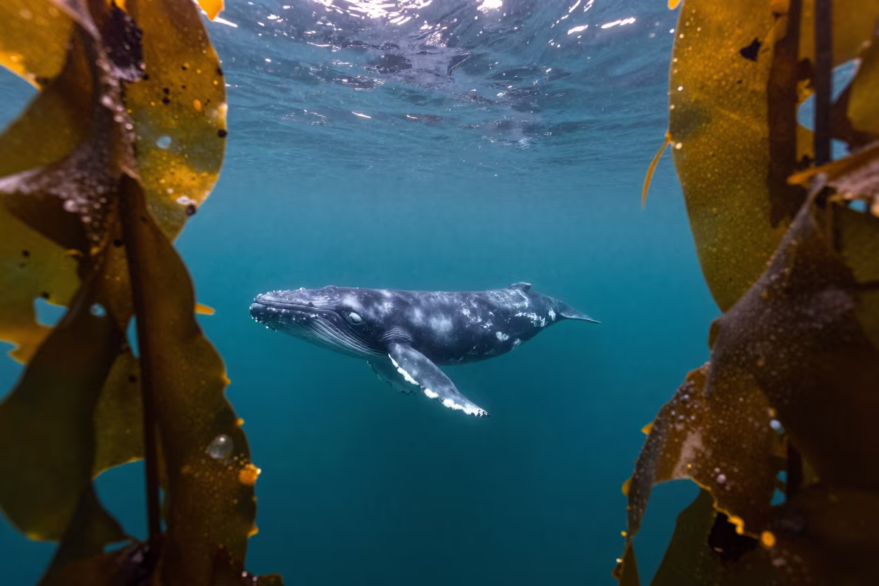Fin Whale Surfaces Through Sardinian Kelp in through a forest of kelp fronds in Sardinia