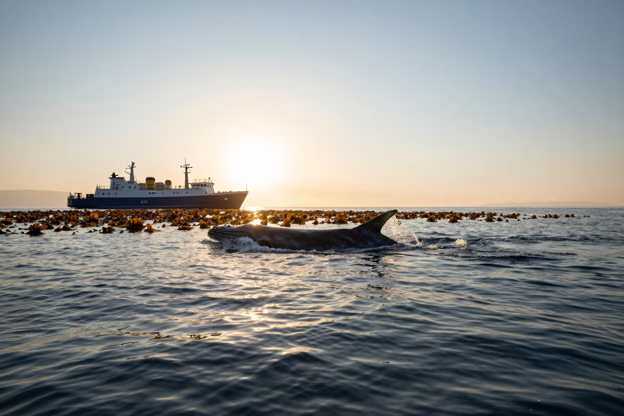 Fin Whale Surfacing Beside Research Vessel at Golden Hour in along a kelp-fringed shelf near Marseille