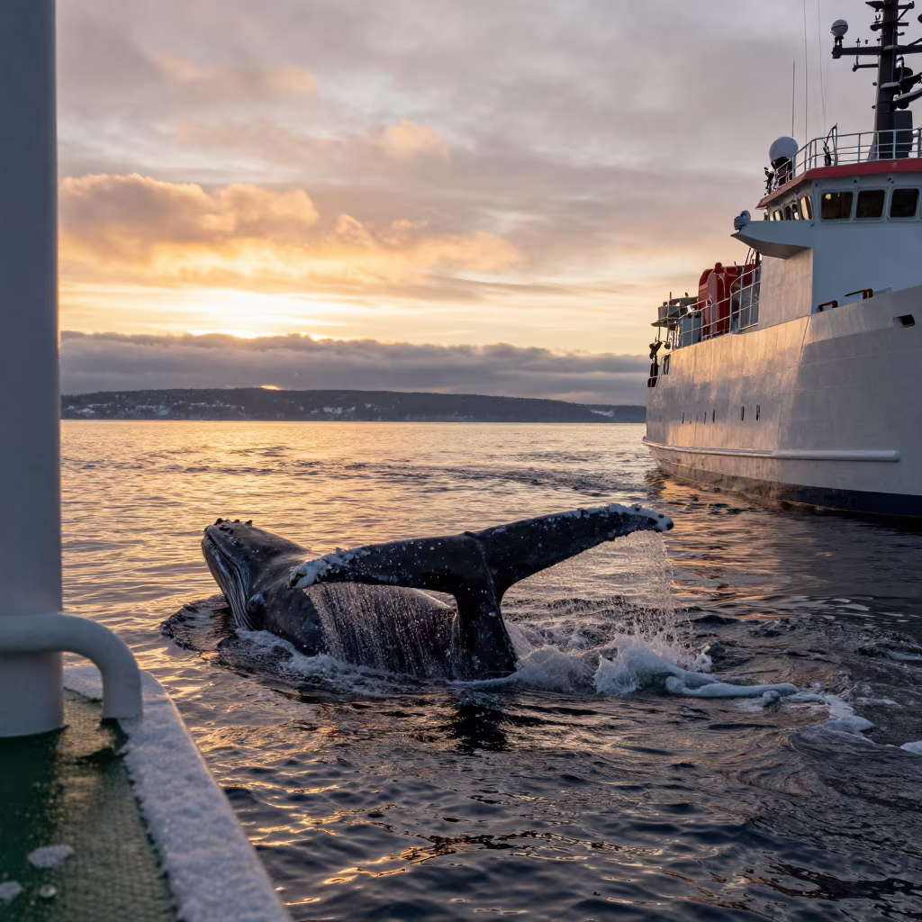 Fin Whale Surfacing at Sunset in British Columbia in in British Columbia