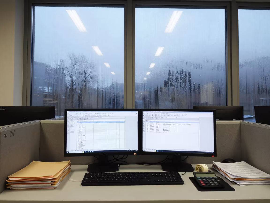 Finance Workstation Under Fluorescent Light Annecy in inside an open-plan office bay in Annecy