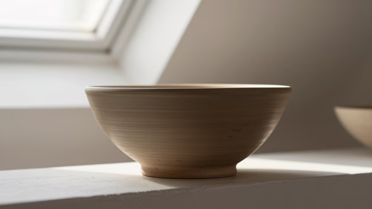 Finger Marks on Earthenware Bowl in Late Morning Light in on a painted display ledge near Bor