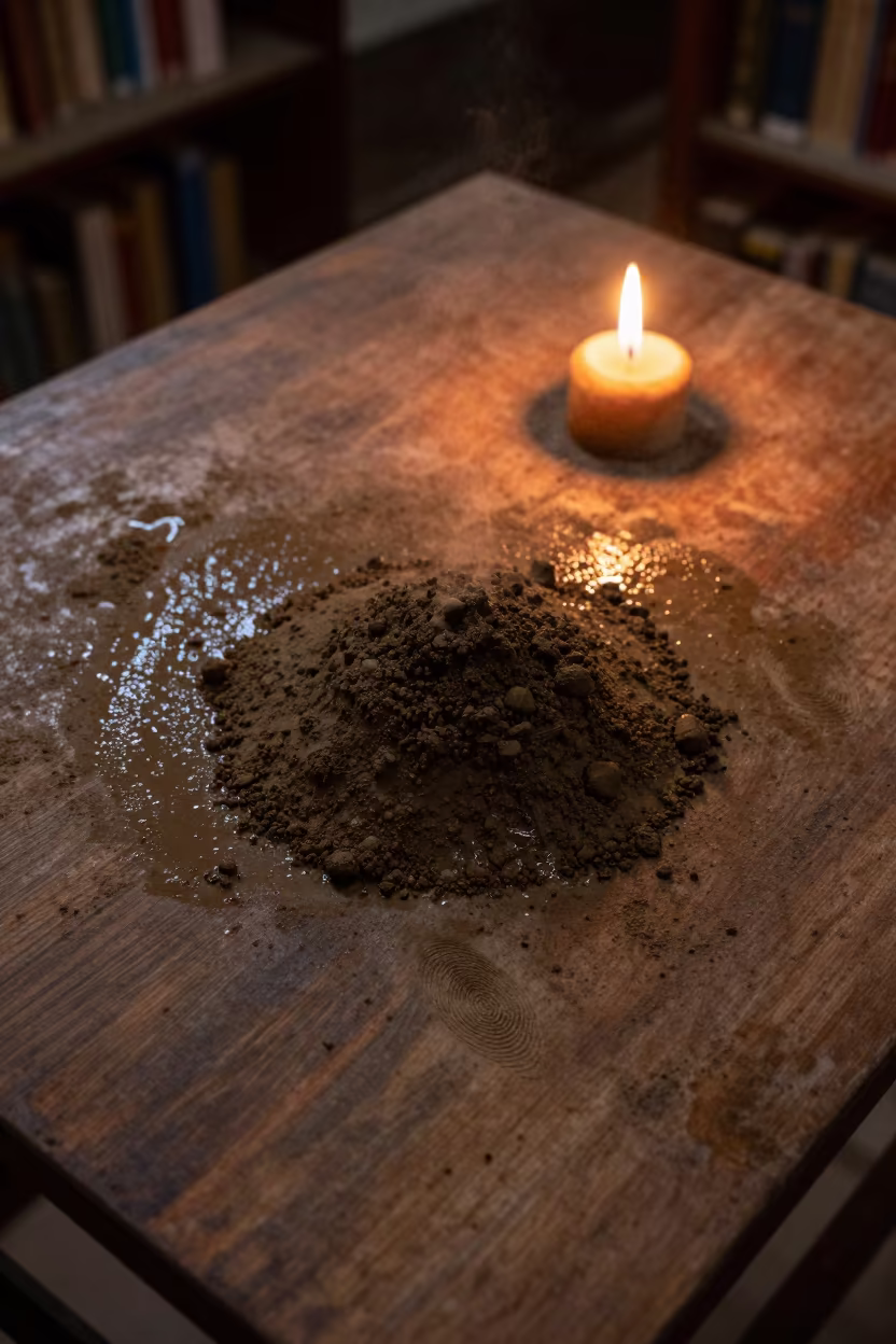 Fingerprint in Wet Clay on Madurai Table in on a dusty library table in Madurai