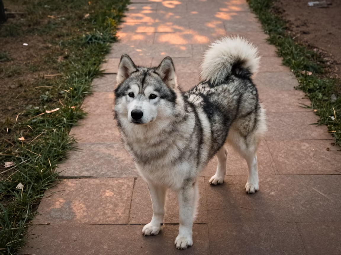 Finnish Lapphund on Delhi Park Path in in a small yard with clipped grass, calm light, and the animal centered in frame in Delhi