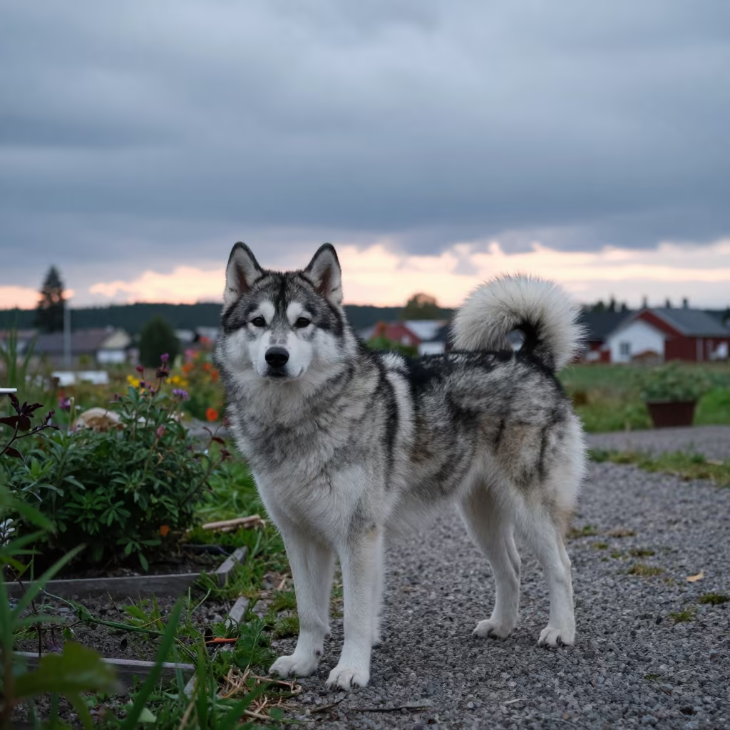 Finnish Lapphund on Garden Path at Dusk in near a garden edge with soft morning light and an uncluttered background in Etah