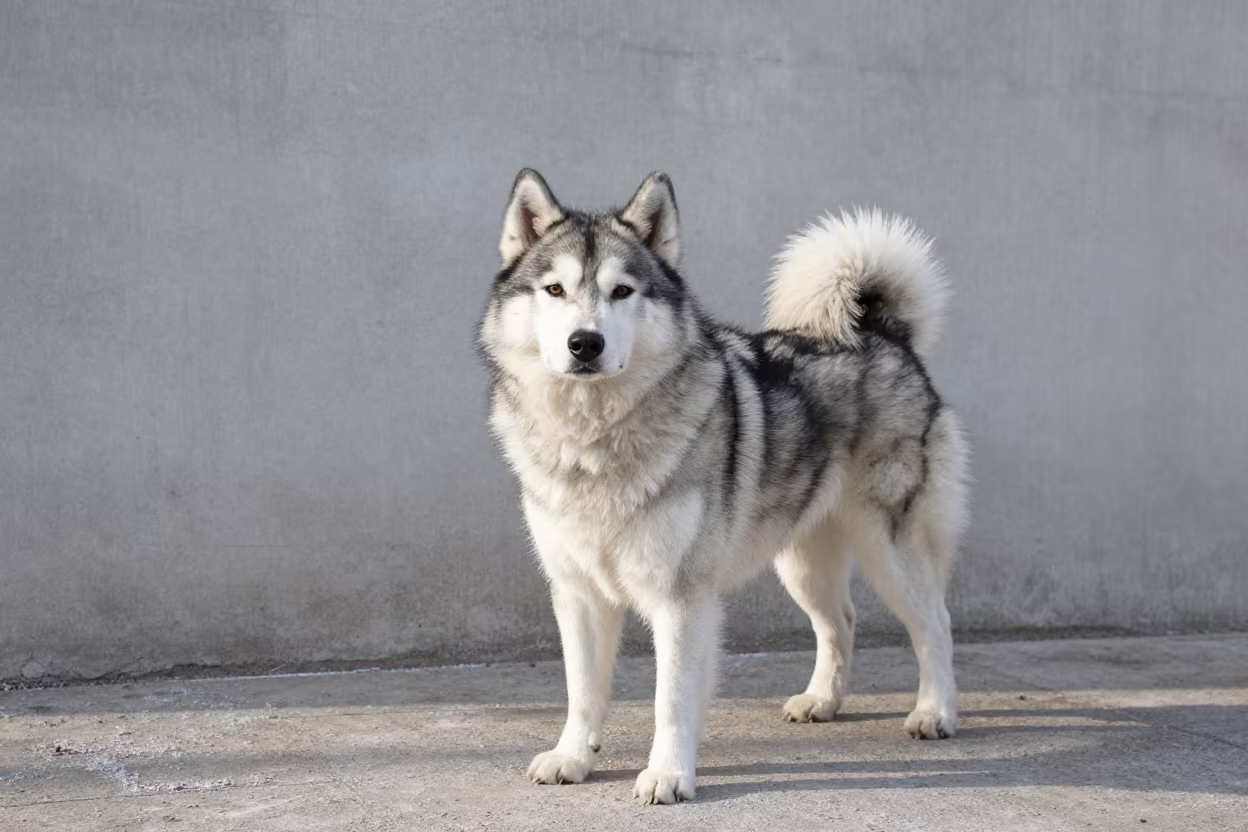 Finnish Lapphund Portrait by Courtyard Wall in Winter in beside a plain courtyard wall in clear daylight with the animal at eye level in Daegu
