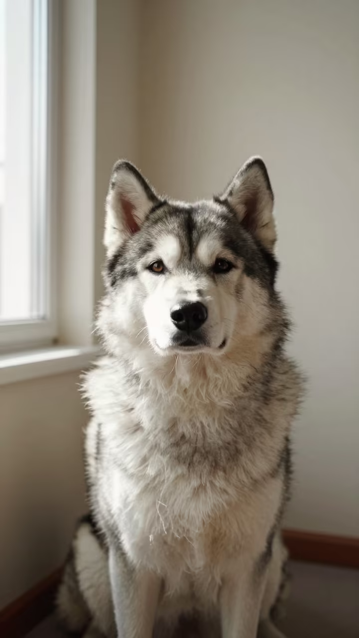 Finnish Lapphund Portrait in Bright North Window Light in beside a plain plaster wall in soft indoor light with the animal centered in frame in St. Catharines