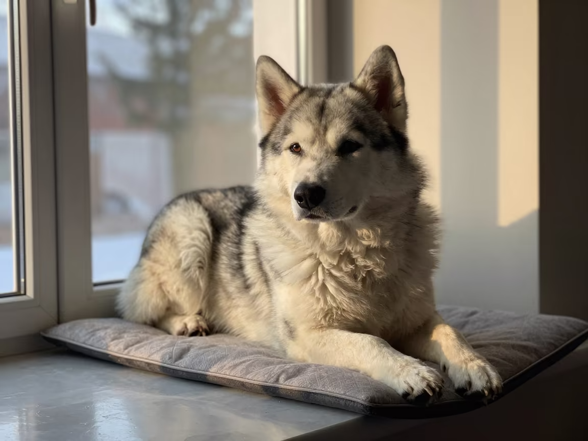 Finnish Lapphund Portrait on Window Seat in on a cushioned window seat with soft side light and an uncluttered background in Daura