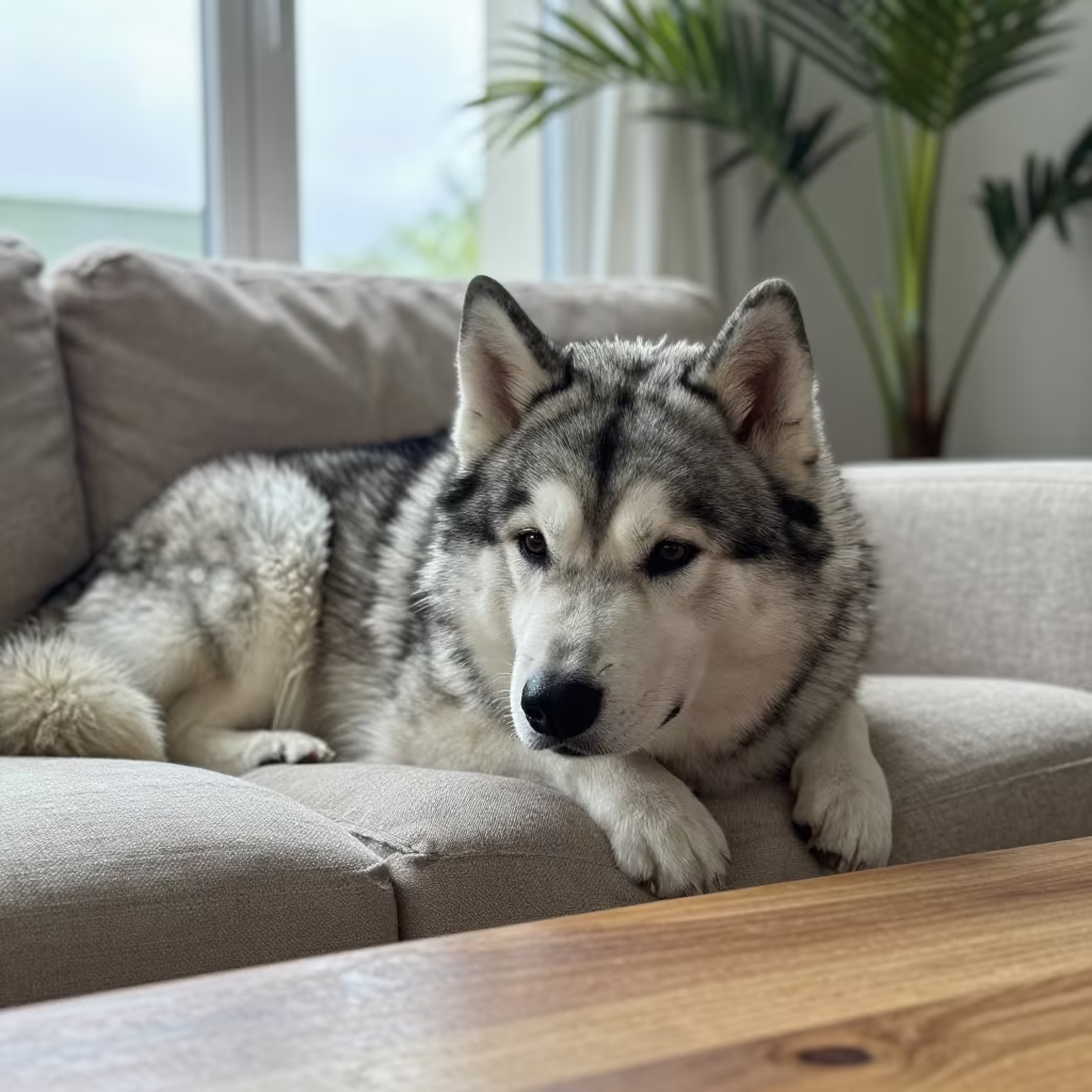 Finnish Lapphund Resting on Linen Sofa in on a linen sofa with daylight from a nearby window in Playa del Carmen