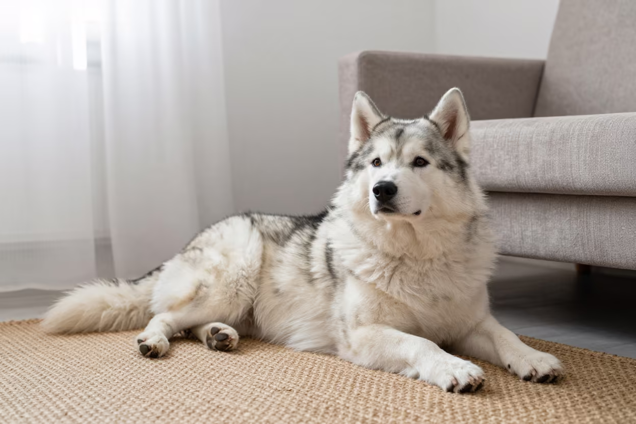 Finnish Lapphund Resting on Rug in Astana Home in on a woven rug beside a low couch and an uncluttered wall near Astana