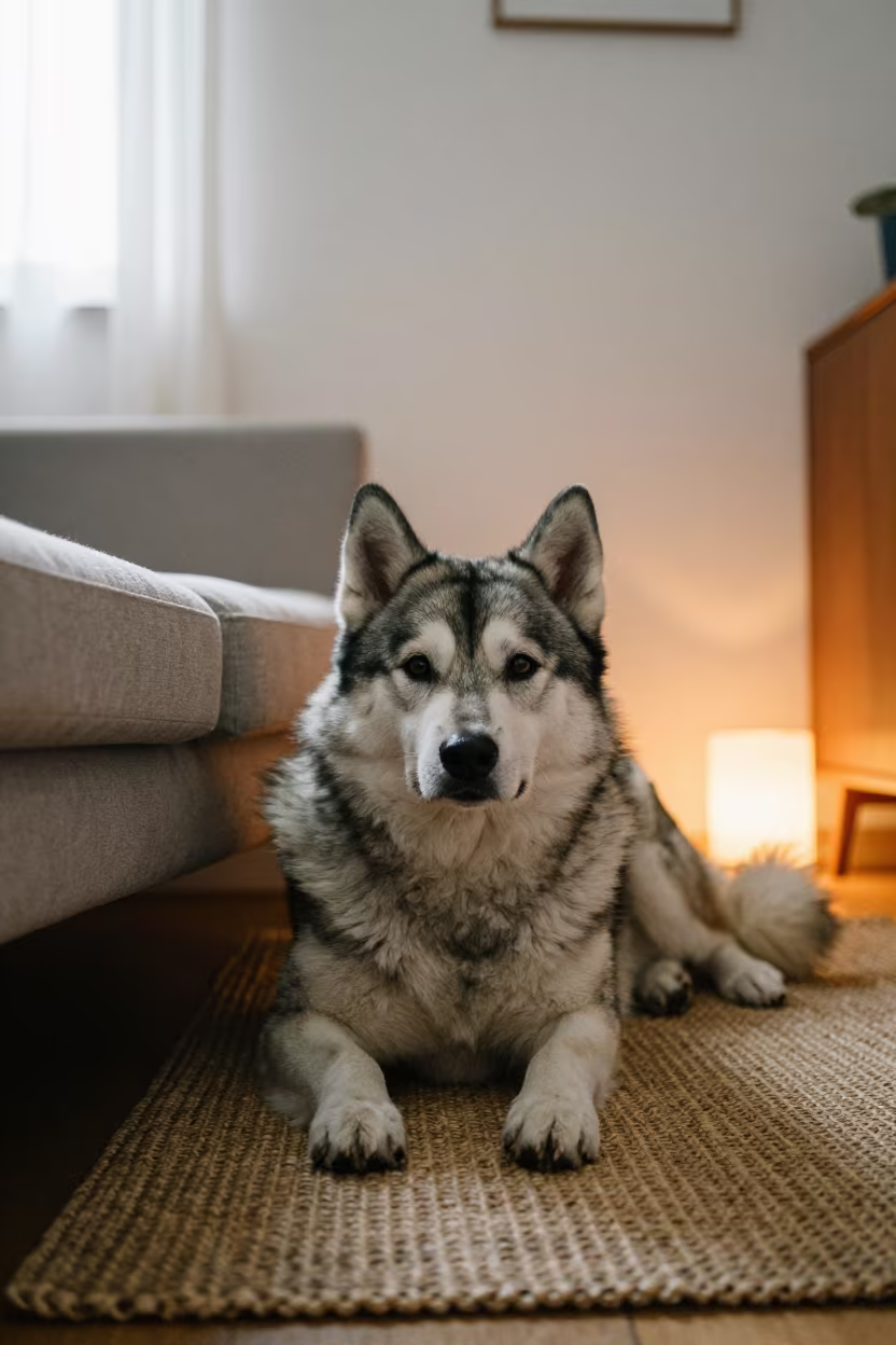 Finnish Lapphund Resting on Woven Rug in Beijing Home in on a woven rug beside a low couch and an uncluttered wall in Beijing