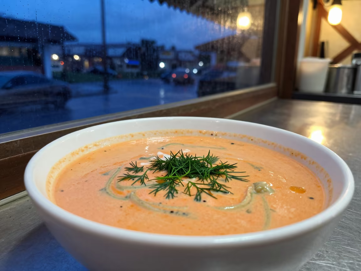 Finnish Salmon Soup Bowl at Kumasi Noodle Counter in at a noodle counter in Kumasi