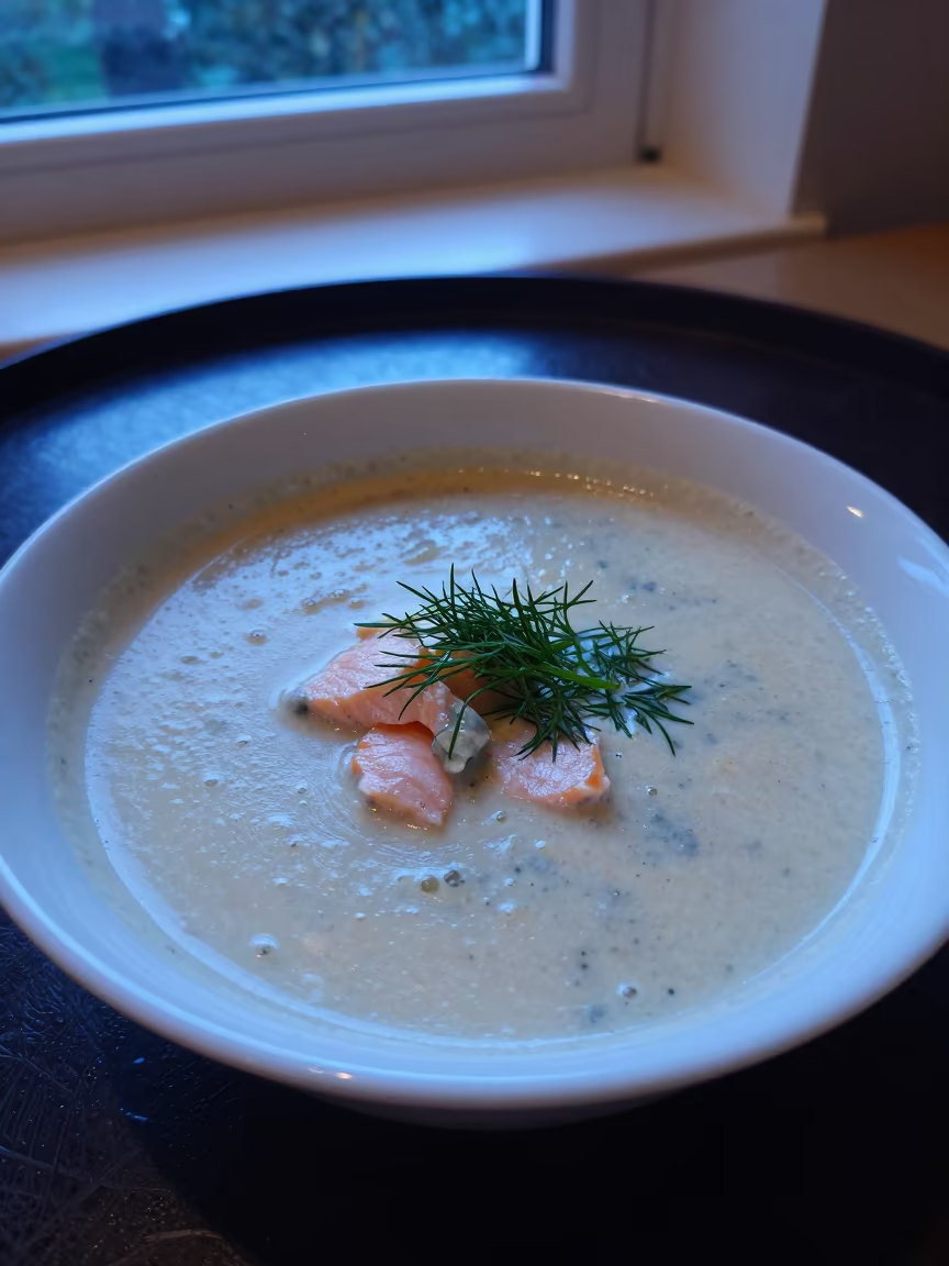 Finnish Salmon Soup with Cream and Dill in on a lacquered tray in Bondoukou