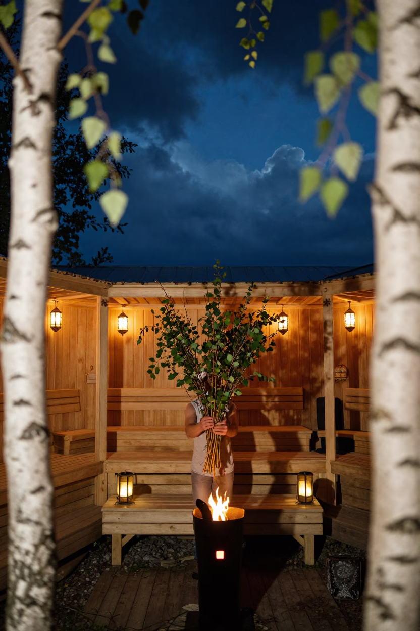 Finnish Sauna Ceremony Birch Branches Almaty Shrine Night in in a shrine lined with lanterns in Almaty