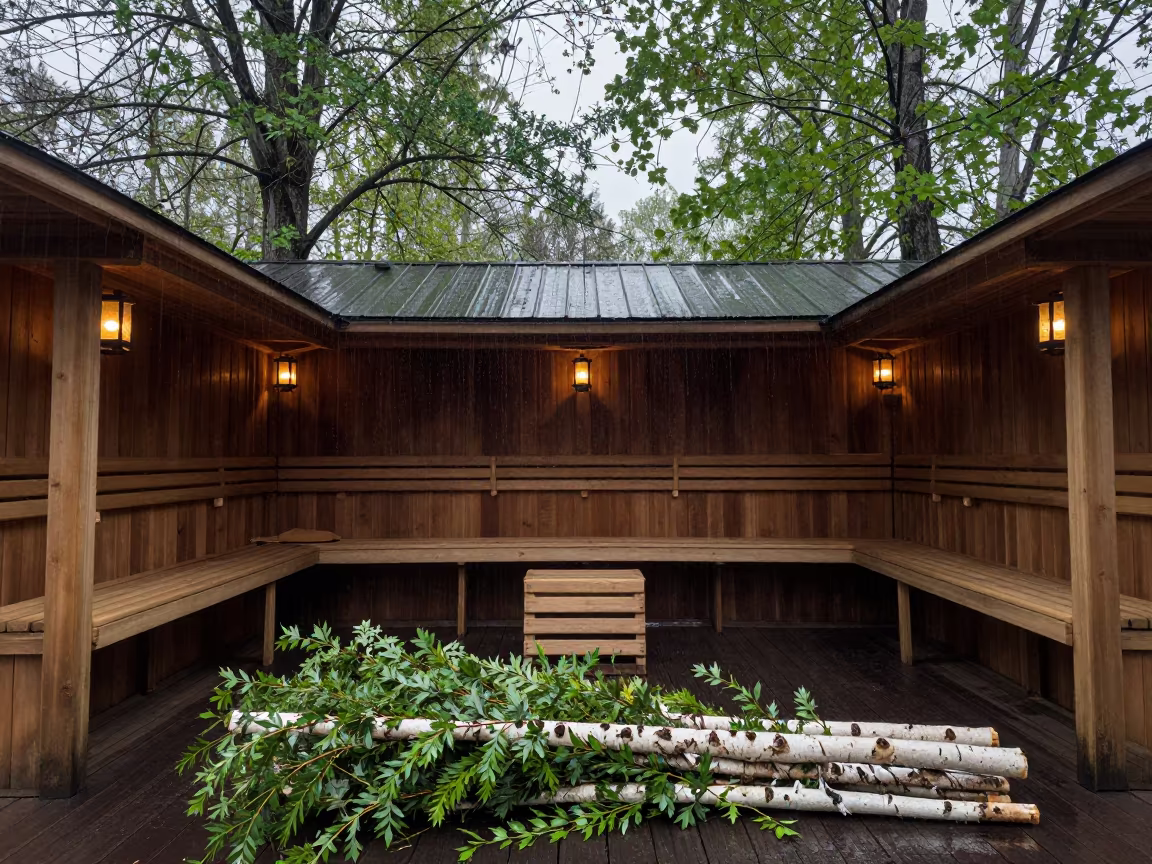 Finnish Sauna Ceremony Birch Branches Tando Allahyar Shrine in in a shrine lined with lanterns in Tando Allahyar