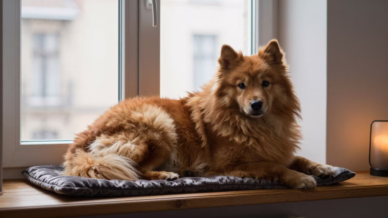 Finnish Spitz Dog Resting on Window Seat in on a window seat in a quiet apartment with soft side light in Dusseldorf