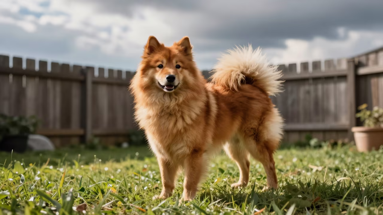 Finnish Spitz in Muzaffarpur Yard in in a small yard with clipped grass, calm light, and the animal centered in frame in Muzaffarpur