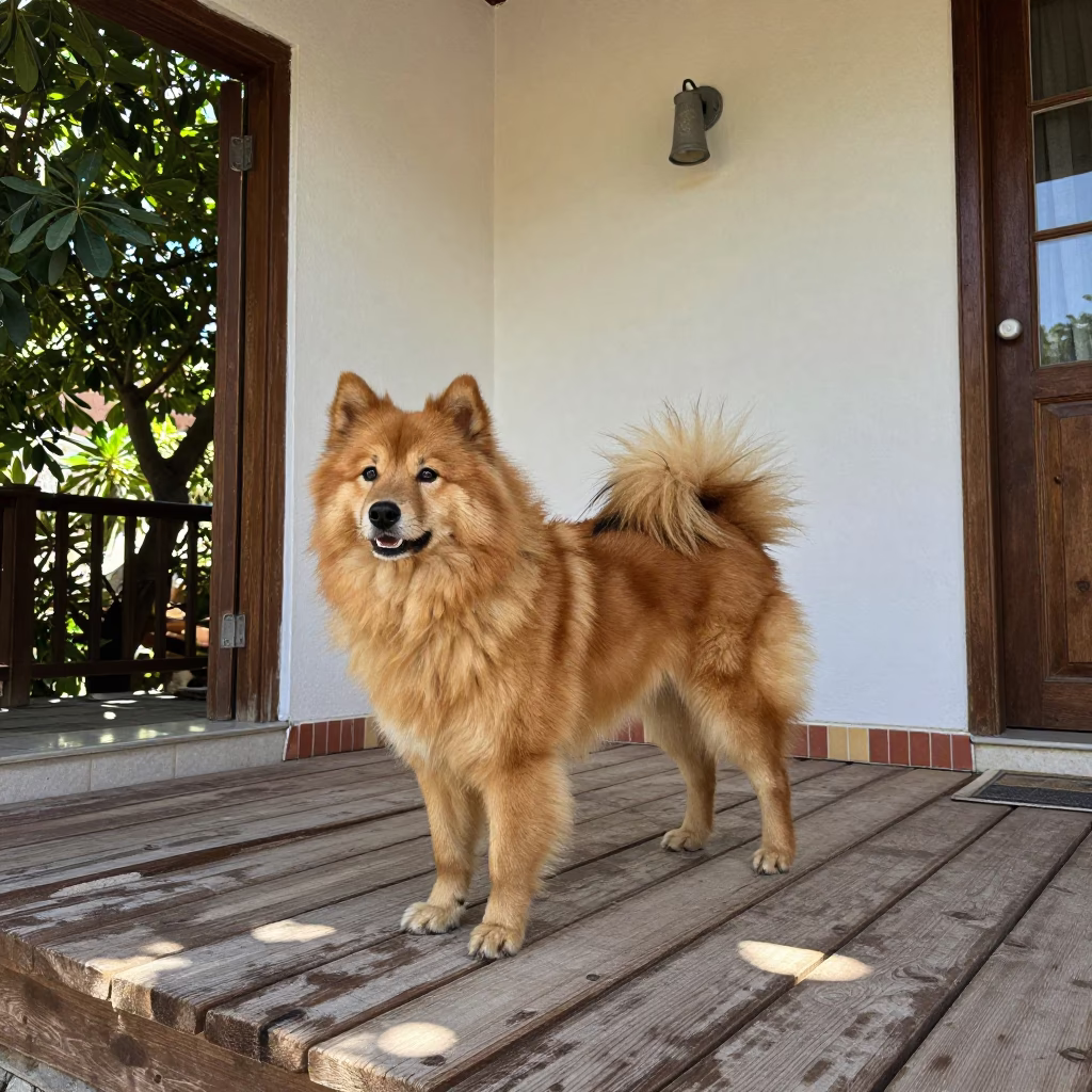 Finnish Spitz on Izmir Porch Boards in on a shaded front porch with boards, railings, and eye-level framing in Izmir