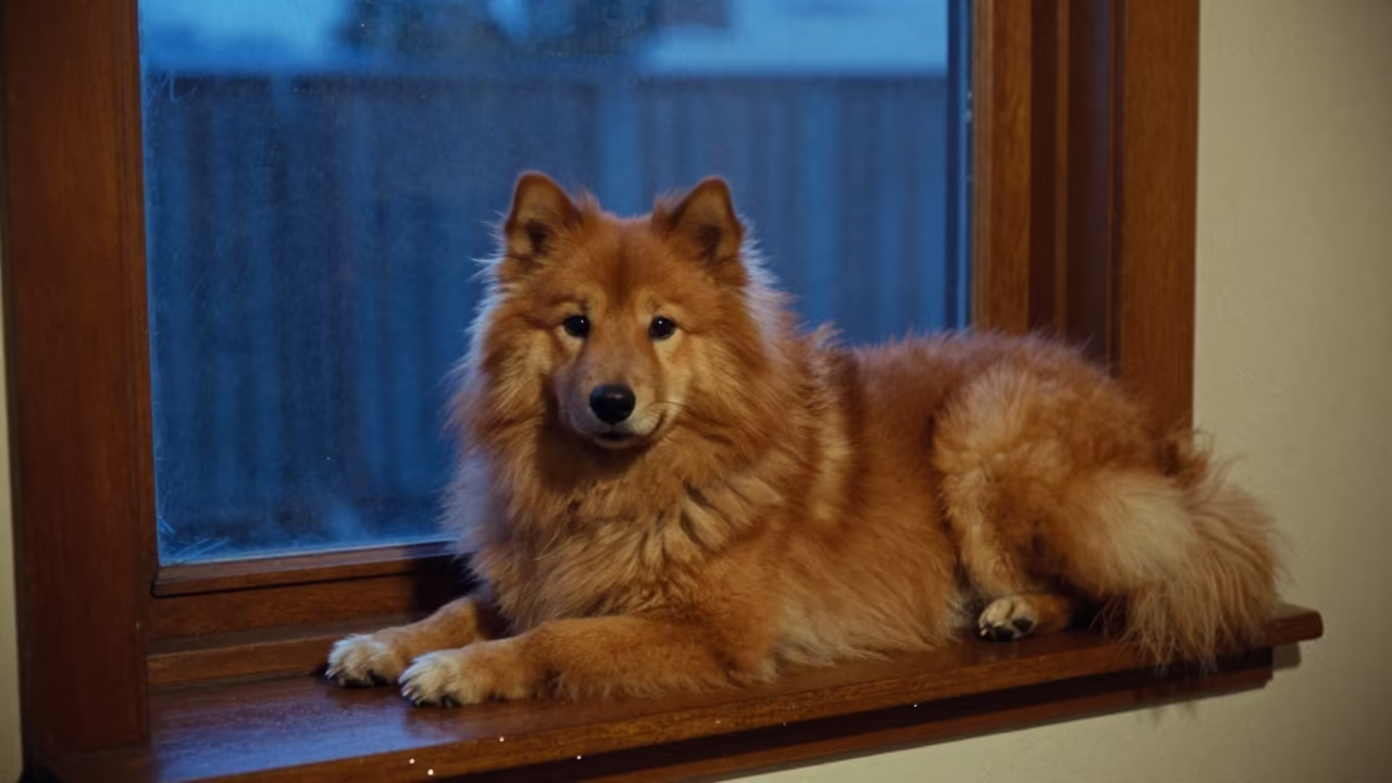 Finnish Spitz on Window Seat in Trinidad Twilight in on a window seat in a quiet apartment with soft side light in Trinidad