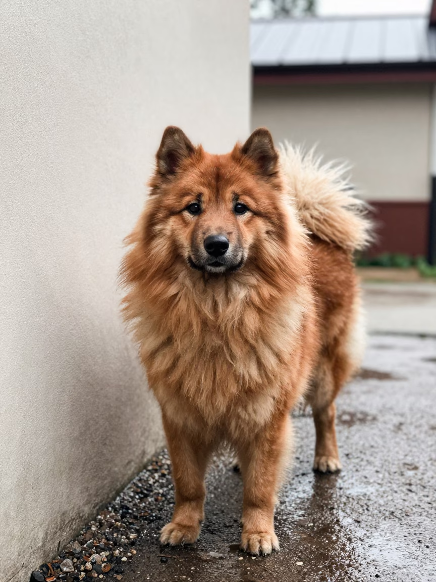 Finnish Spitz Portrait Beside Courtyard Wall in beside a plain courtyard wall in clear daylight with the animal at eye level in Santa Rita