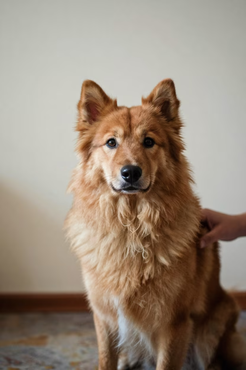 Finnish Spitz Portrait Beside Plaster Wall in beside a plain plaster wall in soft indoor light with the animal centered in frame in Brisbane