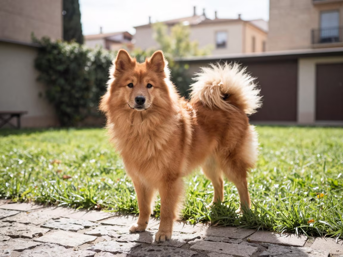 Finnish Spitz Portrait in Barcelona Garden in in a small yard with clipped grass, calm light, and the animal centered in frame near Eixample, Barcelona