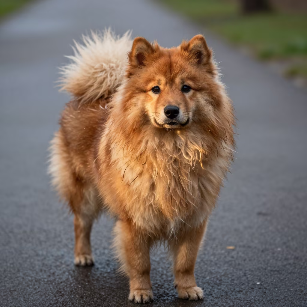 Finnish Spitz Portrait in Catia La Mar Rain in along a quiet park path with soft open shade and a clean background in Catia La Mar