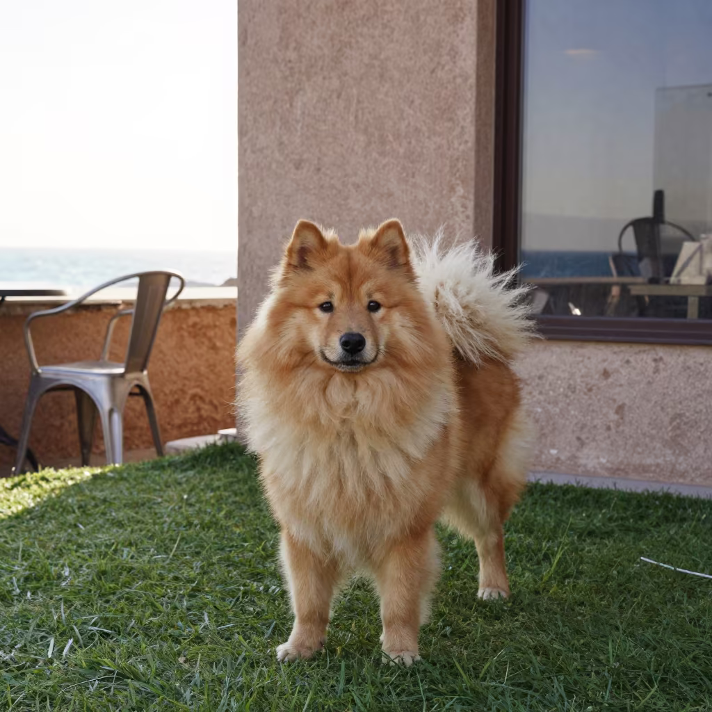Finnish Spitz Portrait in Winter Coastal Yard in in a small yard with clipped grass, calm light, and the animal centered in frame in Safi