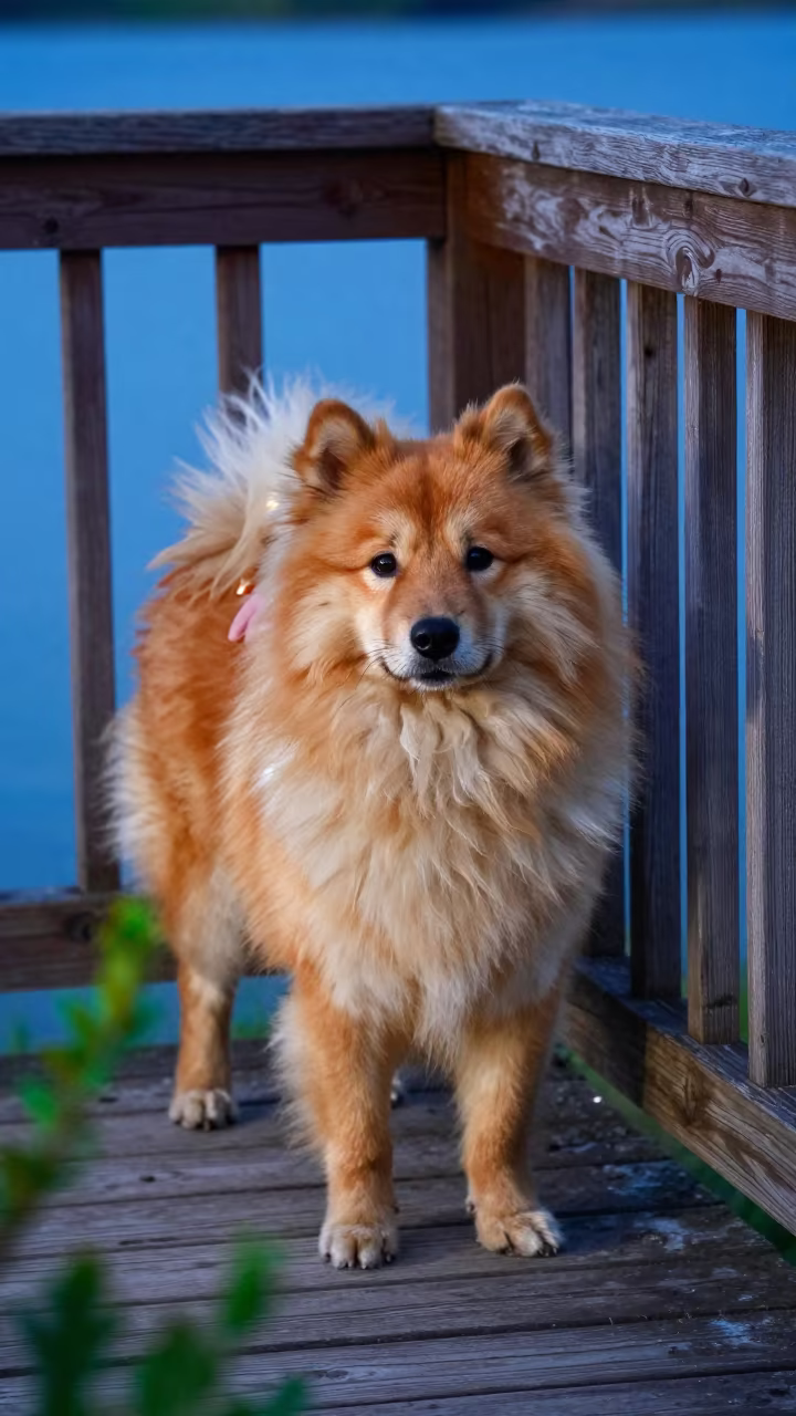 Finnish Spitz Portrait on Shaded Porch Evening in on a shaded front porch with boards, railings, and eye-level framing in El Jadida